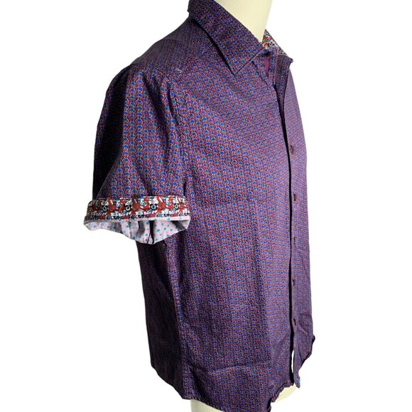 Robert Graham Button Up Short Sleeve Shirt S Purple Geometric Skulls Embroidery - Picture 5 of 8
